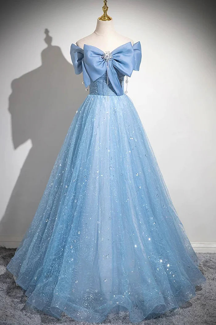 Light Blue Tulle Sequins Long Prom Dress, A-Line Off Shoulder Evening Dress